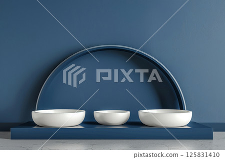 3D rendering of blue and white podiums with round shapes on an isolated background, in a minimalist style with a blue color theme, professional photoshoot for an advertising campaign 3D rendering of blue and white podiums with round shapes on an isolated background, in a minimalist style with a blue color theme, professional photoshoot for an advertising campaign 125831410
