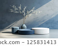 3D rendering of blue and white podiums with round shapes on an isolated background, in a minimalist style with a blue color theme, professional photoshoot for an advertising campaign 125831413