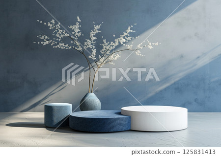 3D rendering of blue and white podiums with round shapes on an isolated background, in a minimalist style with a blue color theme, professional photoshoot for an advertising campaign 125831413