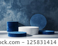 3D rendering of blue and white podiums with round shapes on an isolated background, in a minimalist style with a blue color theme, professional photoshoot for an advertising campaign 125831414