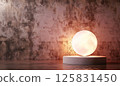3D render of a simple, minimalistic podium with a glowing circle on a pastel background. The style is animated and cartoon-like, with a focus on minimalism 125831450