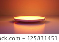 3D render of a simple, minimalistic podium with a glowing circle on a pastel background. The style is animated and cartoon-like, with a focus on minimalism 125831451