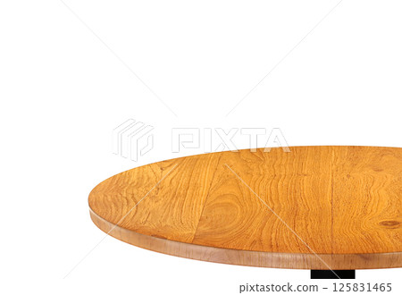 Round wooden table corner view, isolated on white background. Round wooden table corner view, isolated on white background. 125831465