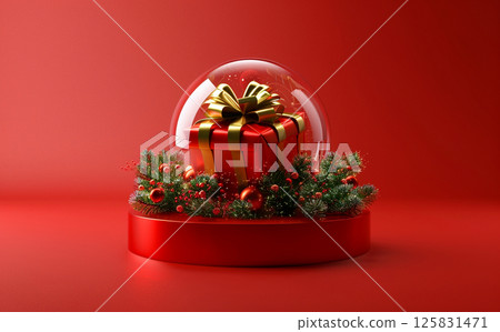 3D rendering of a Christmas decoration inside a glass ball with a gift box on a red background, a podium for product presentation. A New Year's atmosphere. 125831471