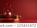 3D rendering of a Christmas decoration inside a glass ball with a gift box on a red background, a podium for product presentation. A New Year's atmosphere. 125831472