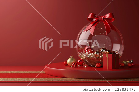 3D rendering of a Christmas decoration inside a glass ball with a gift box on a red background, a podium for product presentation. A New Year's atmosphere. 125831473