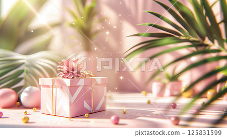 3D rendering of a gift box podium background with a pastel pink color, geometric shapes, and palm leaf decorations for a birthday party or special event 3D rendering of a gift box podium background with a pastel pink color, geometric shapes, and palm leaf decorations for a birthday party or special event 125831599