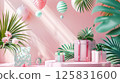 3D rendering of a gift box podium background with a pastel pink color, geometric shapes, and palm leaf decorations for a birthday party or special event 125831600