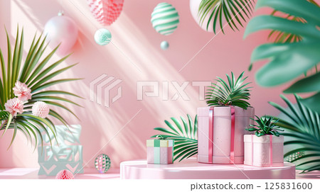 3D rendering of a gift box podium background with a pastel pink color, geometric shapes, and palm leaf decorations for a birthday party or special event 3D rendering of a gift box podium background with a pastel pink color, geometric shapes, and palm leaf decorations for a birthday party or special event 125831600