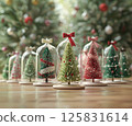 3D Christmas tree inside a clear glass bottle with a ribbon bow, in a color palette of red, green, white, and pink. Multiple Christmas trees in different sizes and shapes 125831614