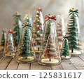 3D Christmas tree inside a clear glass bottle with a ribbon bow, in a color palette of red, green, white, and pink. Multiple Christmas trees in different sizes and shapes 125831617