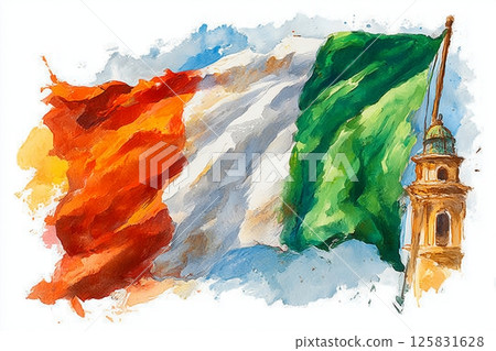 Vibrant italian flag waving near historic tower 125831628