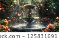 whimsical garden with blooming flowers, cascading waterfalls, and an ornate fountain in the center. Sunbeams filter through leaves, creating dappled light on the petals of pink roses 125831691