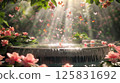 whimsical garden with blooming flowers, cascading waterfalls, and an ornate fountain in the center. Sunbeams filter through leaves, creating dappled light on the petals of pink roses 125831692