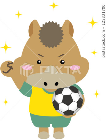 [馬年/十二生肖] 活潑的馬兒踢足球 |非常適合新年賀卡、運動和兒童的插圖材料 125831700