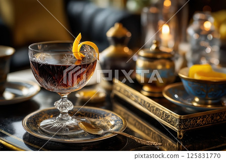 El Presidente Cocktail in Crystal Coupe on Black Lacquer Table with Deco Accents 125831770