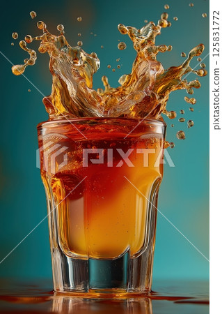 Jager Bomb Explosion Captured Midair with Splashing Golden Liquid and Dramatic Lighting 125831772