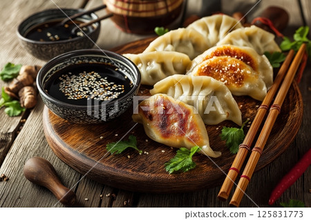 Steaming Gyoza Dumplings Arranged with Soy Sauce in Simple Minimalist Setting 125831773