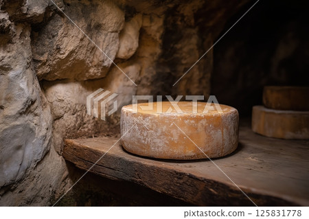 Aged Gouda Wheel Resting in Rustic Stone Cellar with Floating Dust Particles Aged Gouda Wheel Resting in Rustic Stone Cellar with Floating Dust Particles 125831778