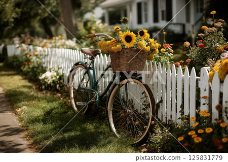 Vintage Bicycle Overflowing with Summer Flowers by White Fence in Warm Sunshine Vintage Bicycle Overflowing with Summer Flowers by White Fence in Warm Sunshine 125831779