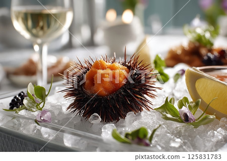 Elegant Sea Urchin Presented on Crushed Ice in Fine Dining Restaurant Setting 125831783