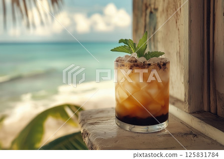 Rum Swizzle on Beach Shack Windowsill with Ocean Breeze and Sunlit Charm 125831784
