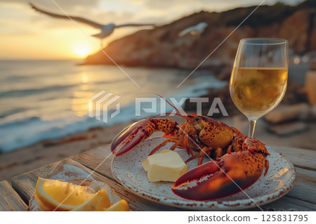 Whole Lobster Served with Butter and Lemon by Rocky Shore at Sunset 125831795