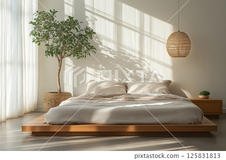Japandi Bedroom with Soft Morning Light, Bonsai Tree and Woven Rattan Overhead Glow Japandi Bedroom with Soft Morning Light, Bonsai Tree and Woven Rattan Overhead Glow 125831813