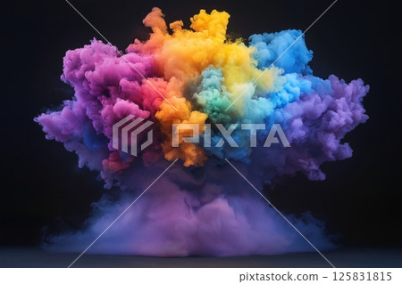 Dense Colored Smoke Erupts in Slow Motion, Purple and Green Haze Against Black 125831815