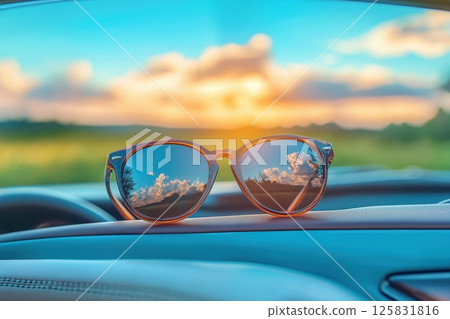 Sunglasses on Convertible Dashboard Reflect Summer Sky, Clouds and Open Field Drive 125831816