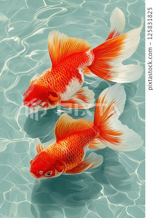 Elegant Goldfish with Transparent Fins Glides Gracefully Through Ripples in Clean Water 125831825