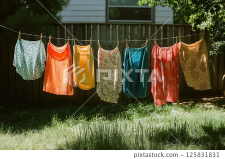 Breezy Summer Clothesline with Towels and Sundresses Backlit by Golden Afternoon Sun 125831831