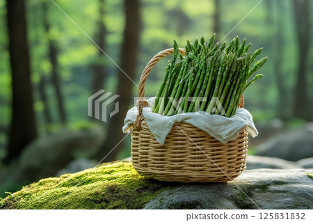 Wild Asparagus Resting in Linen-Lined Basket on Mossy Forest Rock 125831832