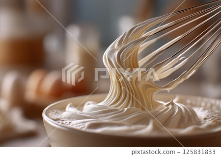 Glossy Whipped Egg White Peaks Curl Gracefully from Whisk in Kitchen Scene Glossy Whipped Egg White Peaks Curl Gracefully from Whisk in Kitchen Scene 125831833