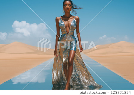 Futuristic Silver Gown on Glass Runway Through Desert, Wind Sweeping Hair Dramatically Futuristic Silver Gown on Glass Runway Through Desert, Wind Sweeping Hair Dramatically 125831834