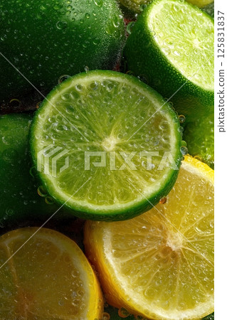 Bright Lime and Lemon Slices Cover Background with Refreshing Citrus Juiciness 125831837