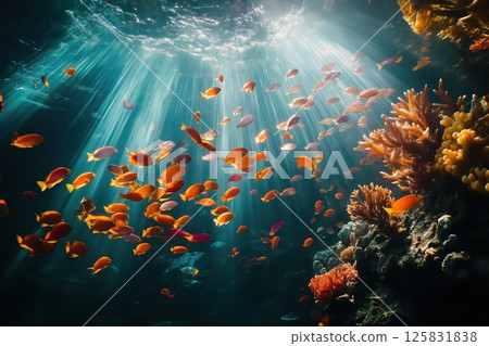 Colorful Reef Fish Swim Through Sunlit Water Above Glowing Coral Garden Below 125831838