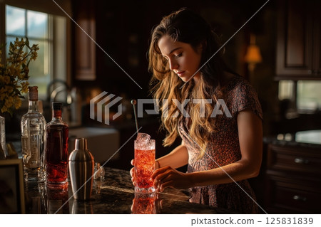Woman Gently Stirs Negroni Cocktail in Elegant Glass with Ice and Charm 125831839