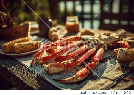 Bright Red Crab Legs and Grilled Corn Fill a Sunlit Picnic Table 125831840