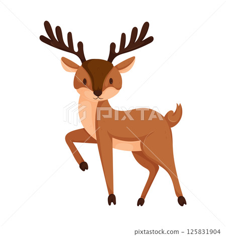 Adorable cartoon deer with large antlers, brown fur, and a playful expression, standing on a white background. Adorable cartoon deer with large antlers, brown fur, and a playful expression, standing on a white background. 125831904