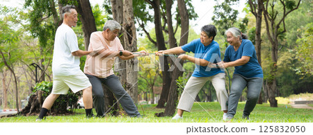 Four cheerful seniors in a friendly tug of war on a vibrant green lawn showcasing their vitality, camaraderie, and Active Seniors lifestyle, enjoying an active and playful moment in a park setting. Four cheerful seniors in a friendly tug of war on a vibrant green lawn showcasing their vitality, camaraderie, and Active Seniors lifestyle, enjoying an active and playful moment in a park setting. 125832050