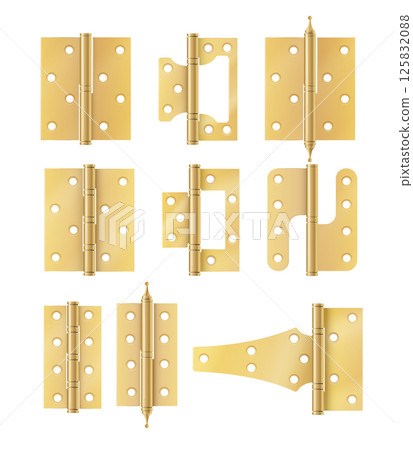 Golden door hinges construction hardware. Realistic set of gold tools for joint gates and windows metal hinges for house and furniture. vector 125832088