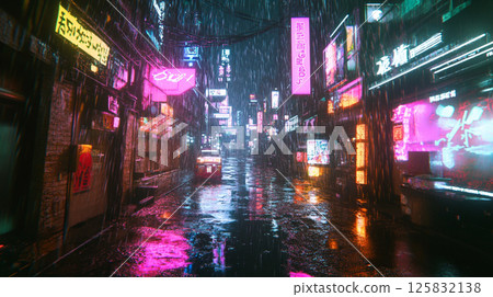 Neon lights shining in the rain at night 125832138