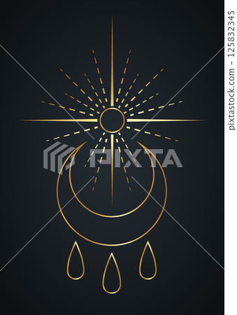 Blessed witch sign and sacred sun, gold symbol of blessing. The moon represents the goddess in every women. The three drops represents the maiden, the mother and the crone. Vector wicca protection 125832345
