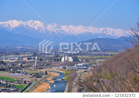 View from Matsumoto City Shiroyama Park: Snow-covered Northern Alps and Matsumoto Basin View from Matsumoto City Shiroyama Park: Snow-covered Northern Alps and Matsumoto Basin 125832372