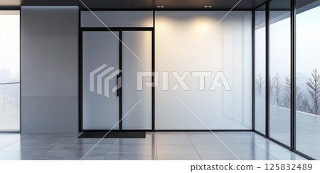 Modern interior with glass walls and windows Modern interior with glass walls and windows 125832489