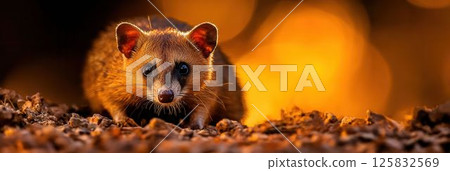 Close-up of a Cute Small Mammal on Leaves with Warm Bokeh Background 125832569