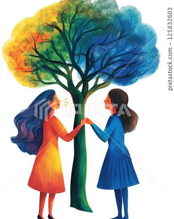 Women Connecting with Nature and Each Other Through a Colorful Tree Illustration 125832603