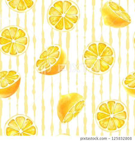 Seamless pattern featuring slices of lemons on a light striped background, ideal for summery, refreshing designs. 125832808