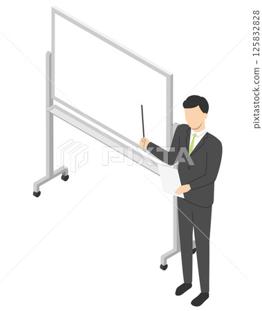 Whiteboard and male office worker explaining - isometric Whiteboard and male office worker explaining - isometric 125832828